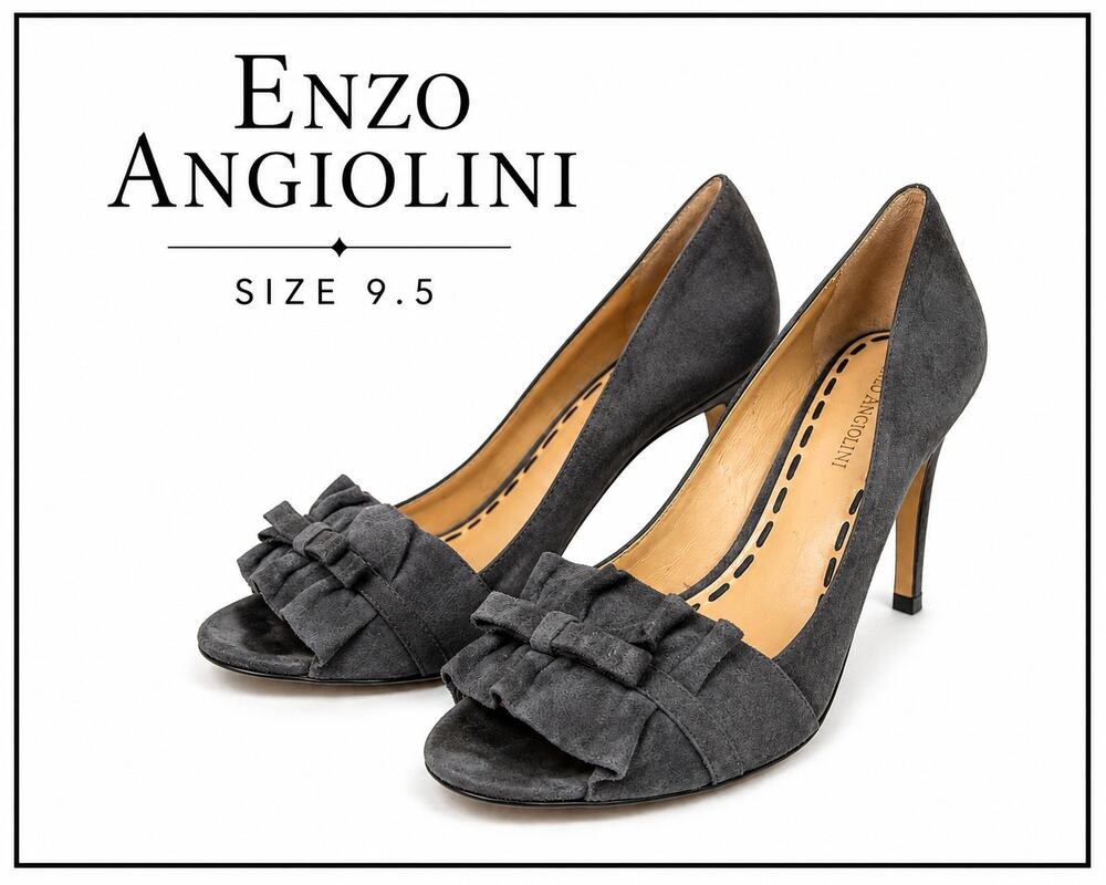 Enzo Angiolini Gray Suede Ruffle Peep Toe Stiletto Heels Size 9.5